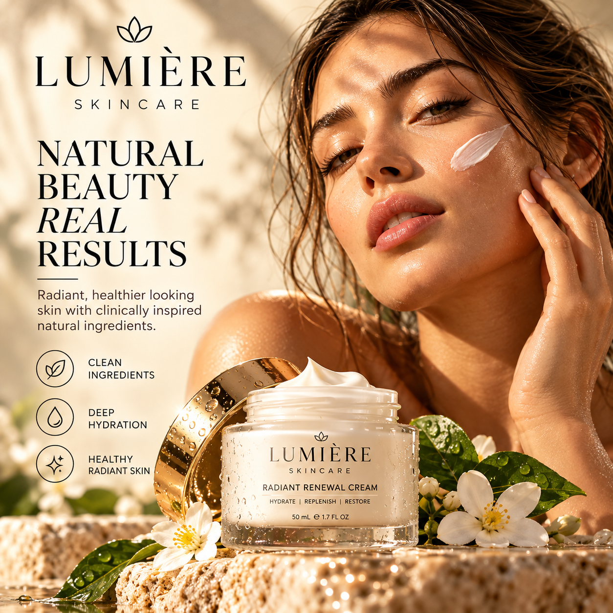 LUMIÈRE fictional skincare creative with model and cream jar