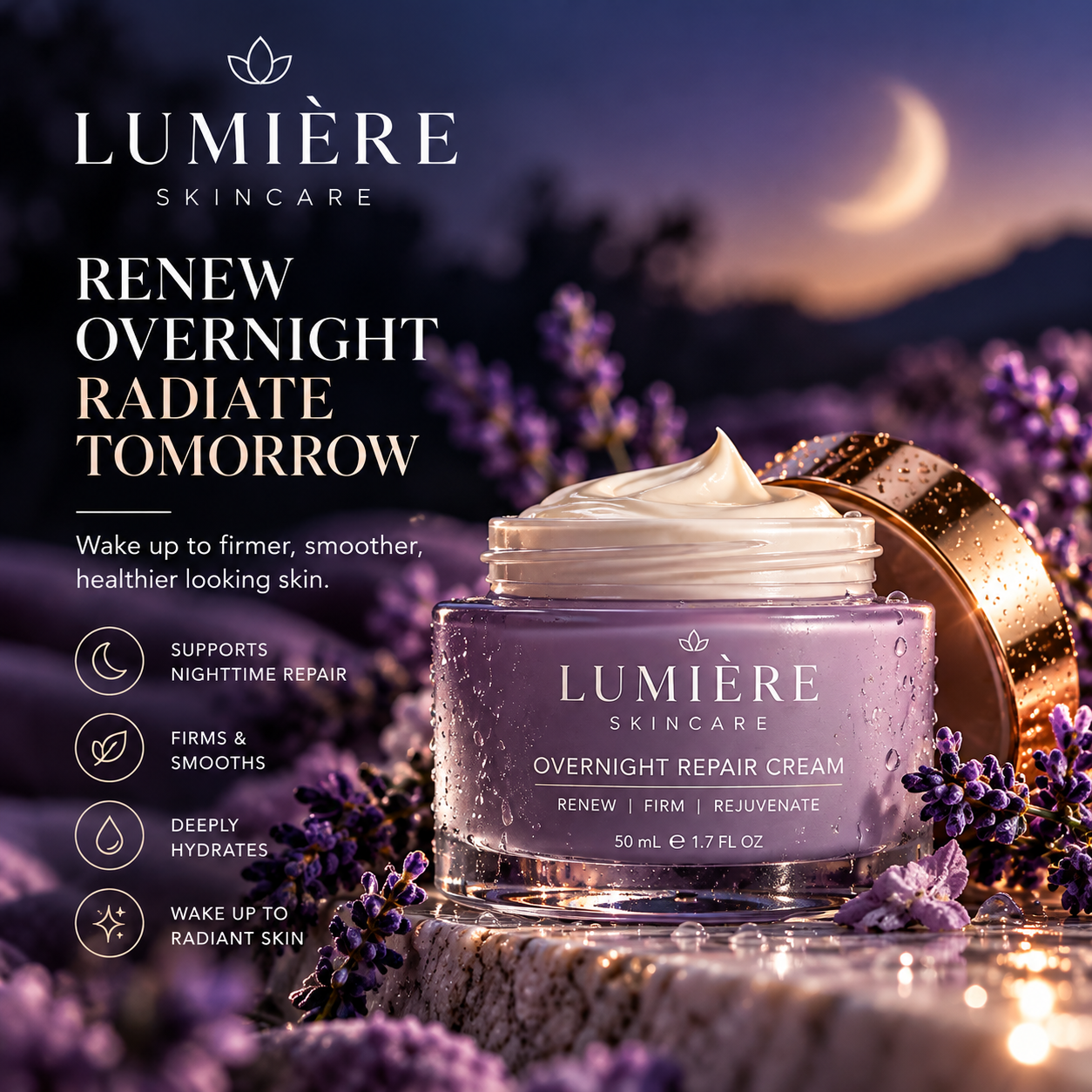 Purple overnight repair cream advertising concept